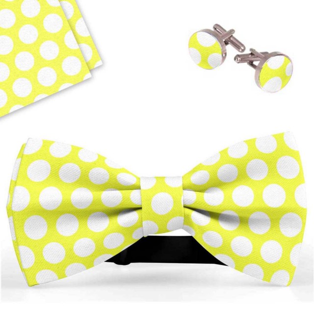 Set papion barbati, batista, butoni, galben, buline albe, mari